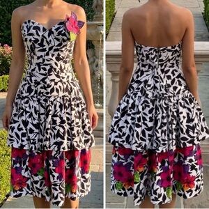 Vintage 1980s Victor Costa Strapless Tiered Botanical Print size 12